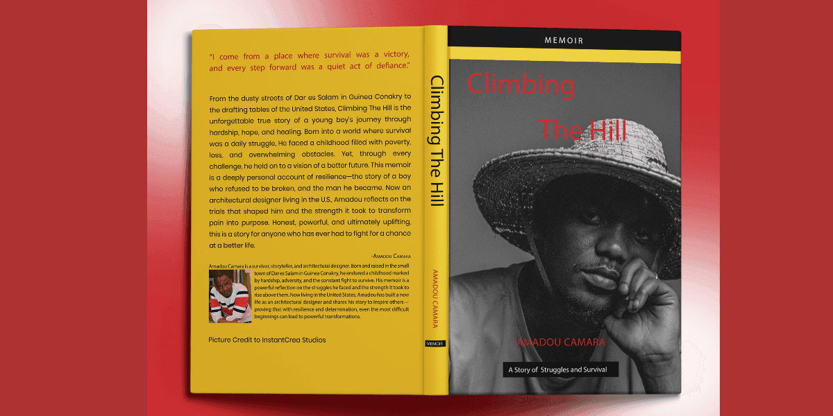 Book cover of Climbing The Hill by Amadou Camara, featuring author’s portrait in straw hat with pensive expression.