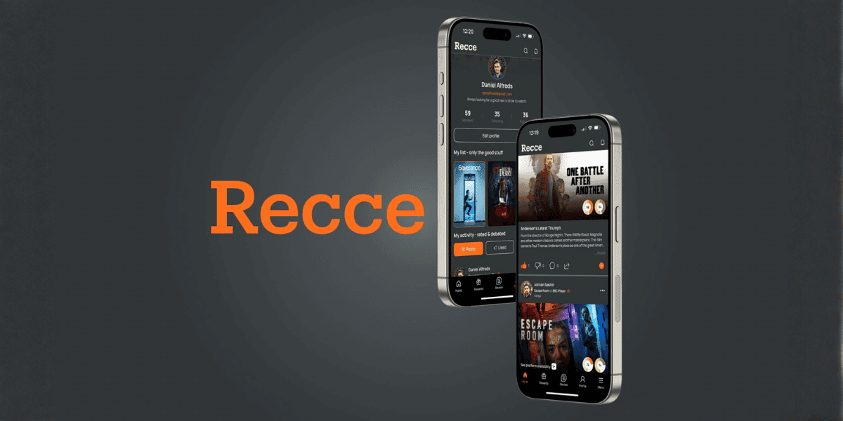 "Screenshot of the Recce app displaying user profiles and movie recommendations, showcasing a social recommendation platform for film discovery."