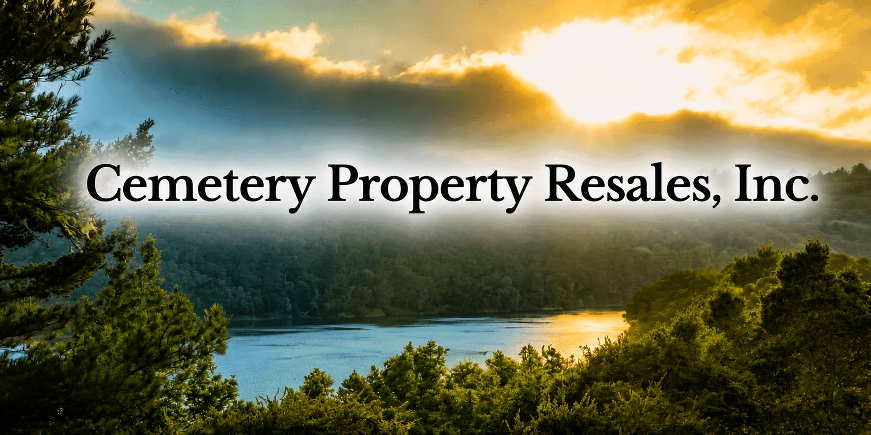 Cemetery Property Resales, Inc. logo over a scenic lake and forest landscape at sunrise.