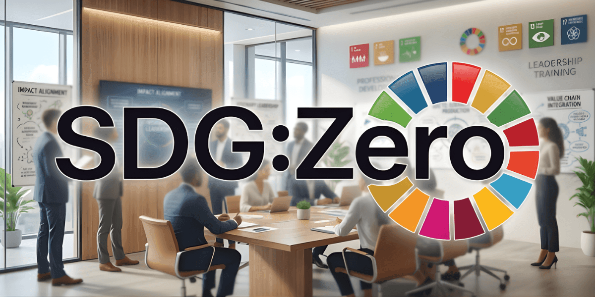 SDG:Zero logo over business meeting promoting sustainable development goals and leadership training initiatives.