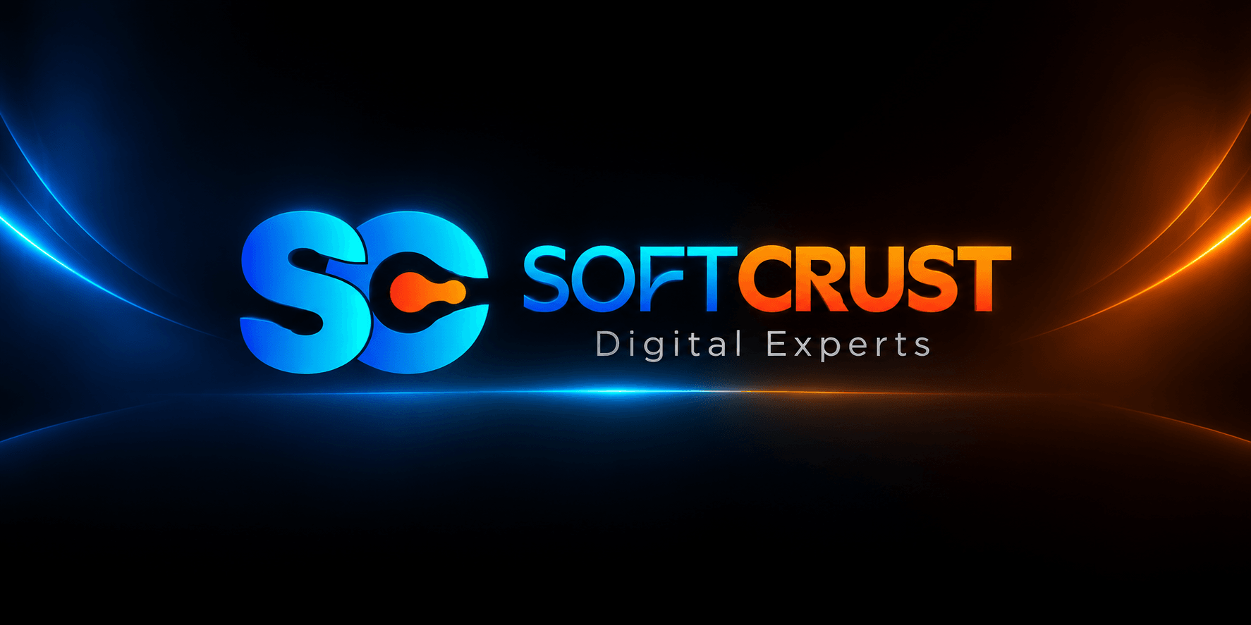 Logo of SoftCrust featuring blue and orange colors with digital elements