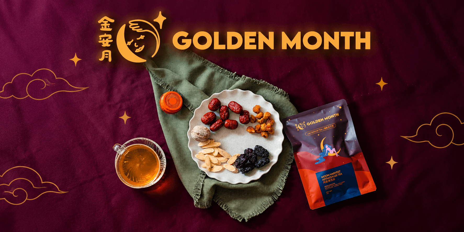 A colorful arrangement of snacks and tea on a table with a festive label
