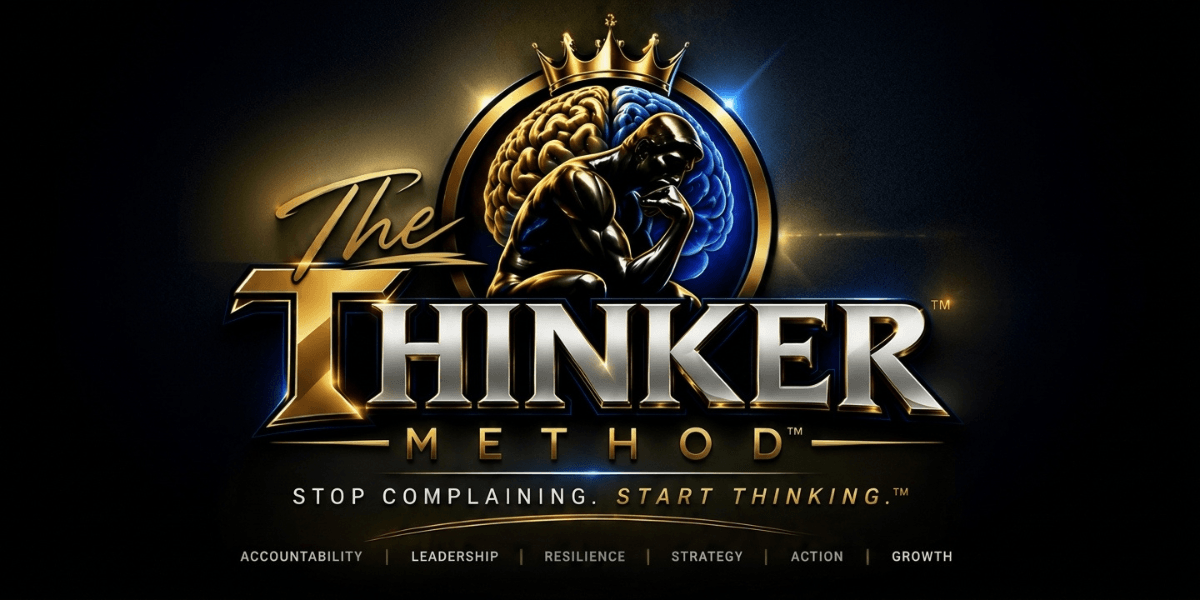 Logo for "The Thinker Method" featuring a brain and muscular figure with crown