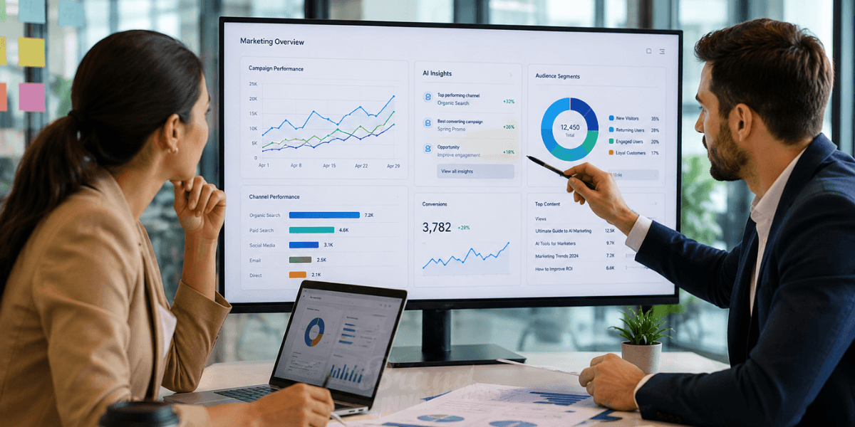 Two professionals analyzing marketing data on a large screen and laptop in an office
