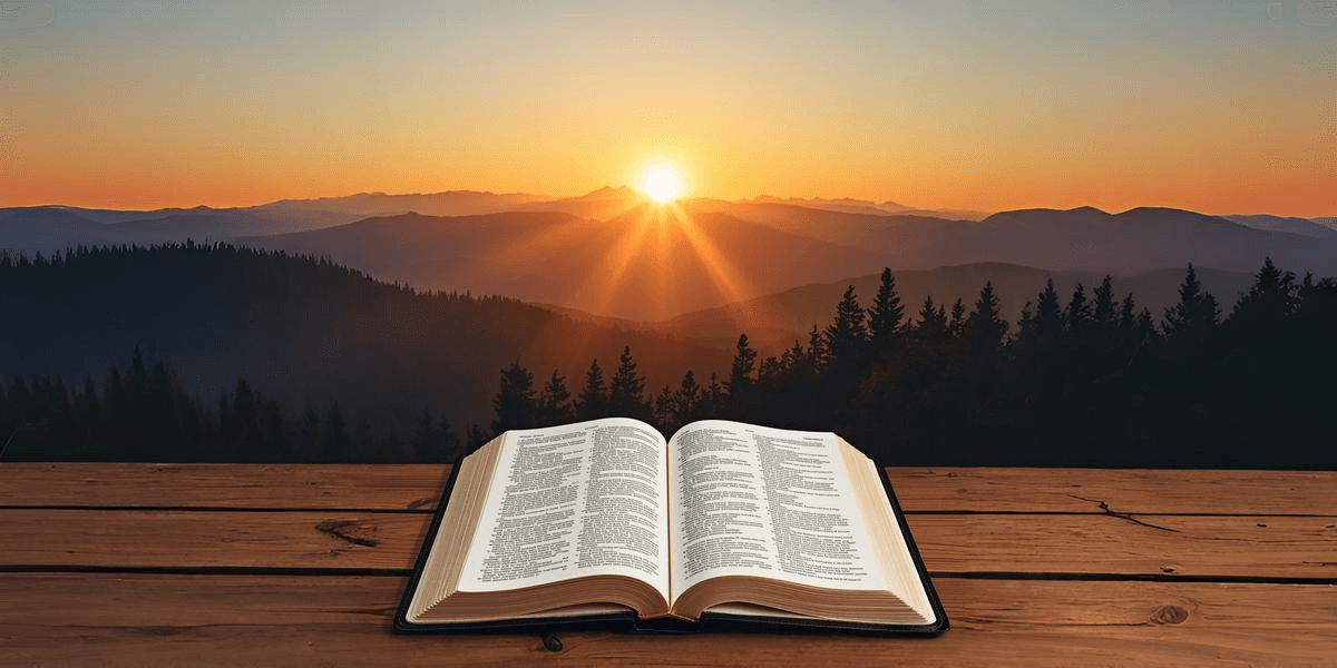 Open book on a wooden table with a sunrise over mountains in the background
