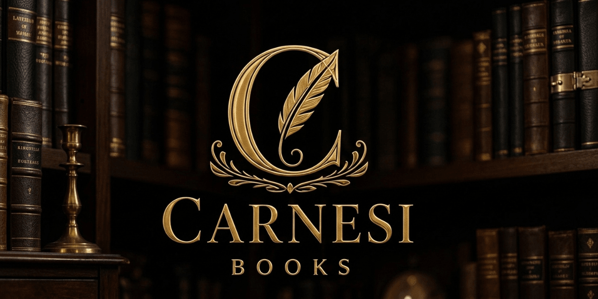 Logo of Carnesi Books with elegant lettering and a feather motif against a bookshelf background