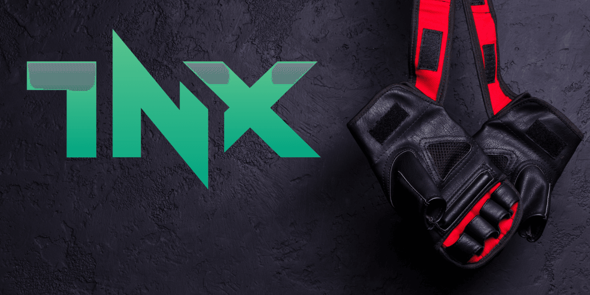 Black and red boxing gloves hanging against a textured dark background with TNX logo