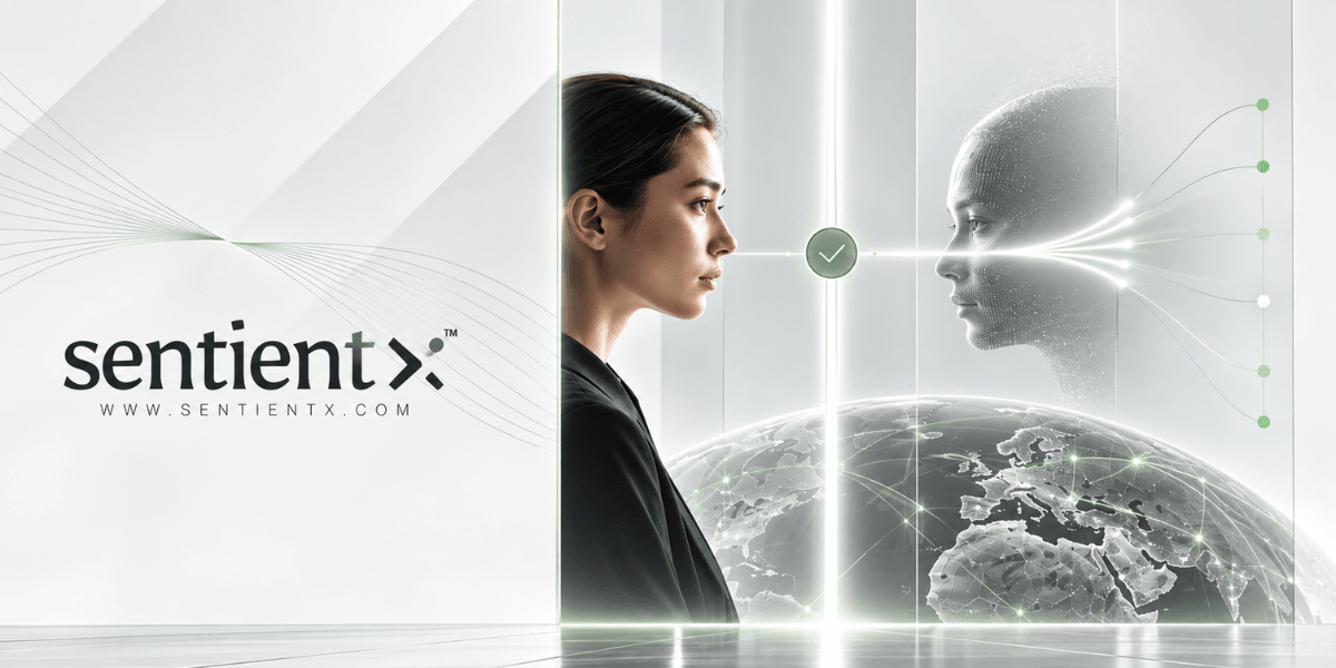 A futuristic scene featuring a woman and a digital human-like face with a globe.
