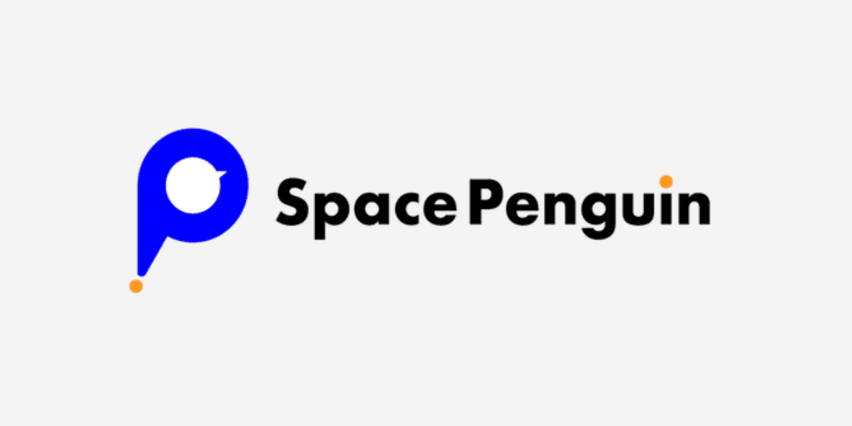 Logo featuring a blue circular icon and the text SpacePenguin in black and orange