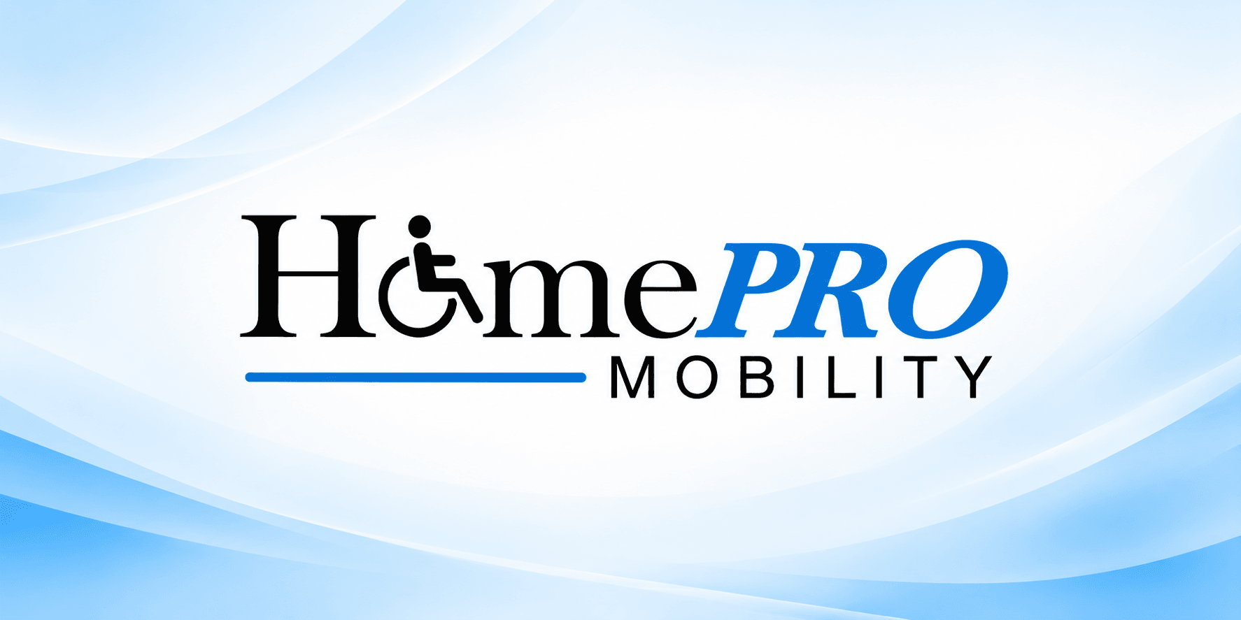 Logo of HomePro Mobility with a wheelchair symbol on a blue gradient background