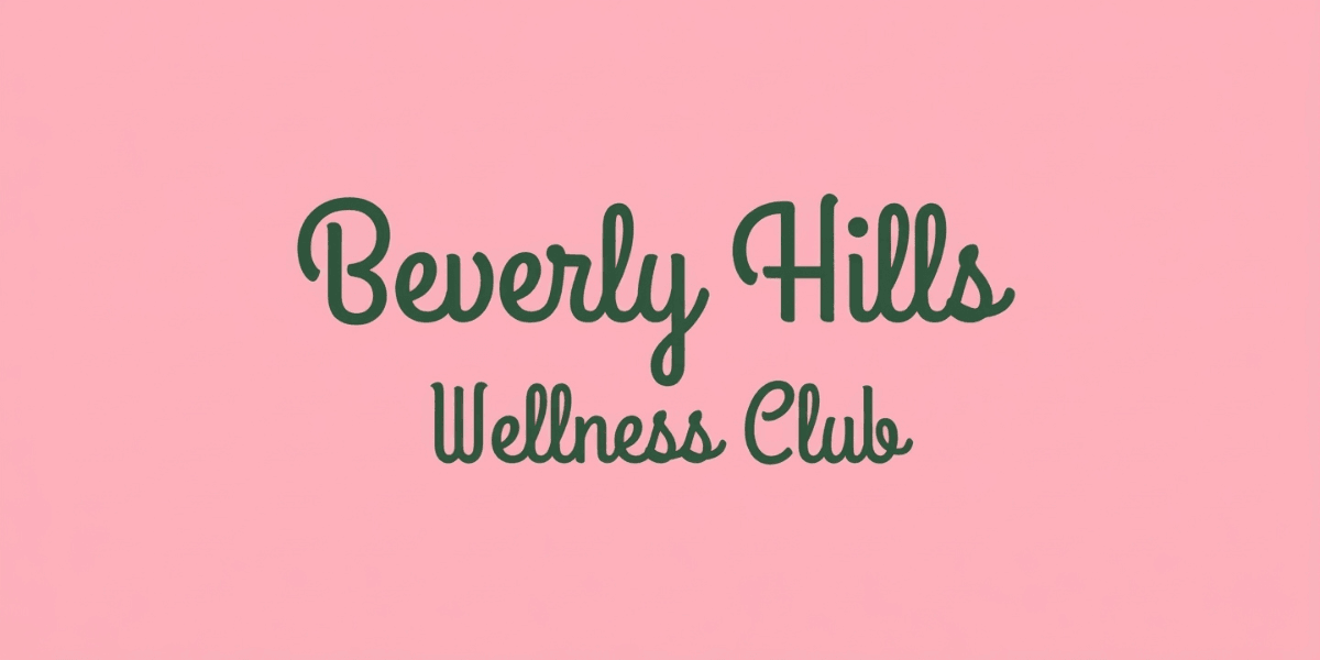 Logo of Beverly Hills Wellness Club on a pink background with green text