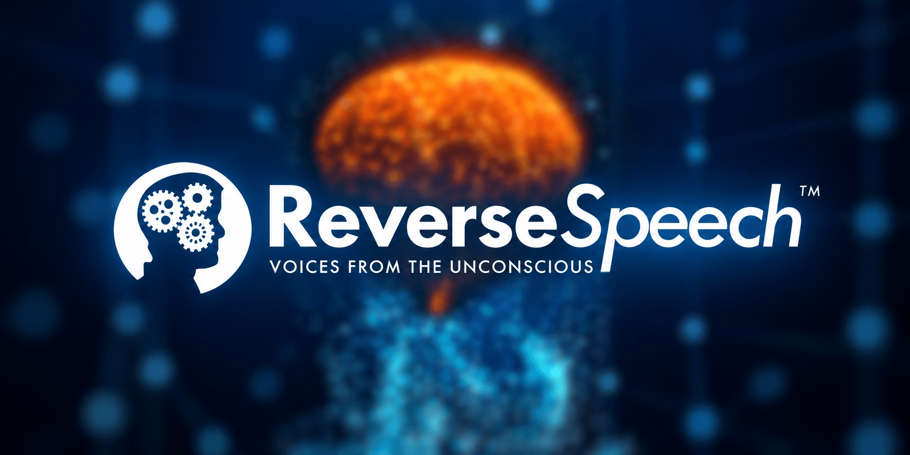 Logo of ReverseSpeech with a glowing brain graphic in the background