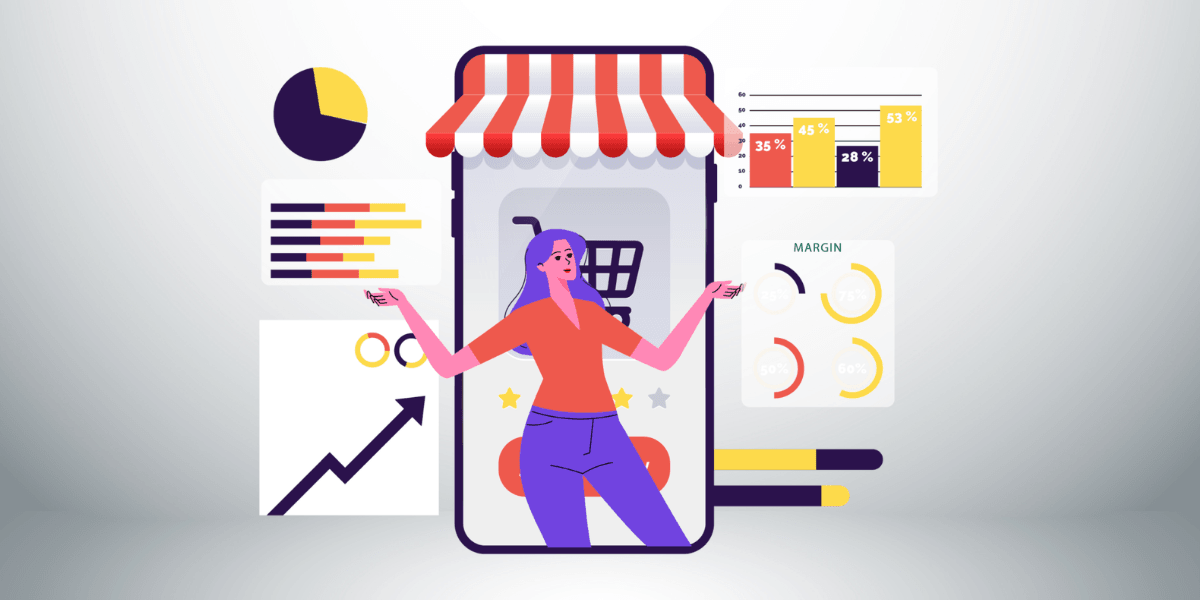 Illustration of a woman promoting an online shopping app with various data visualizations