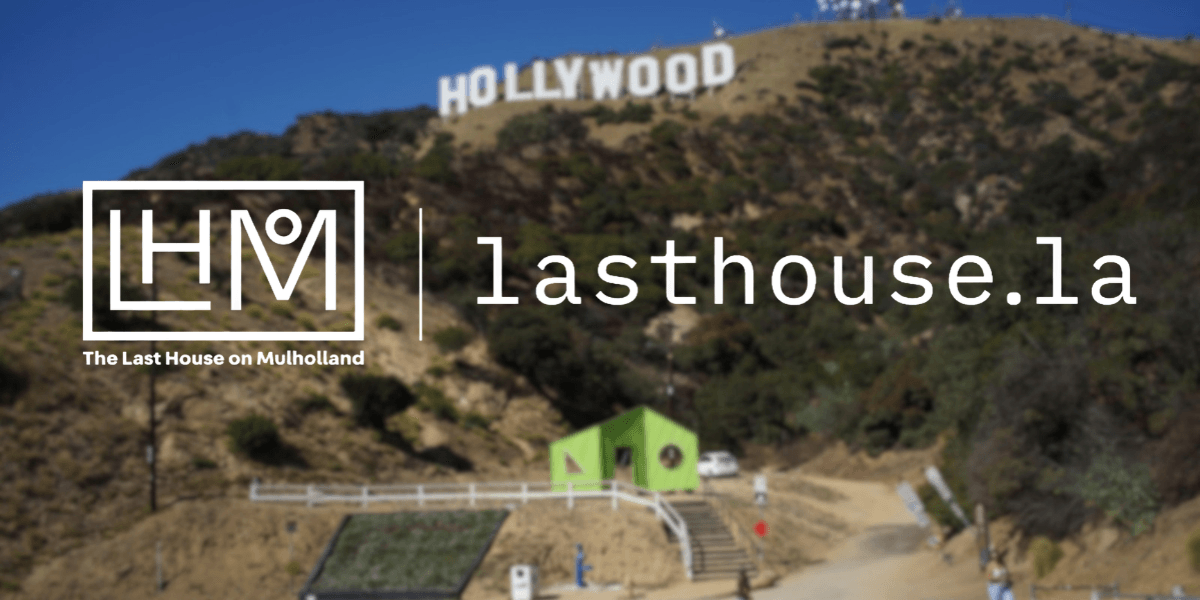 Hollywood sign in the background with a green building and branding for Last House on Mulholland
