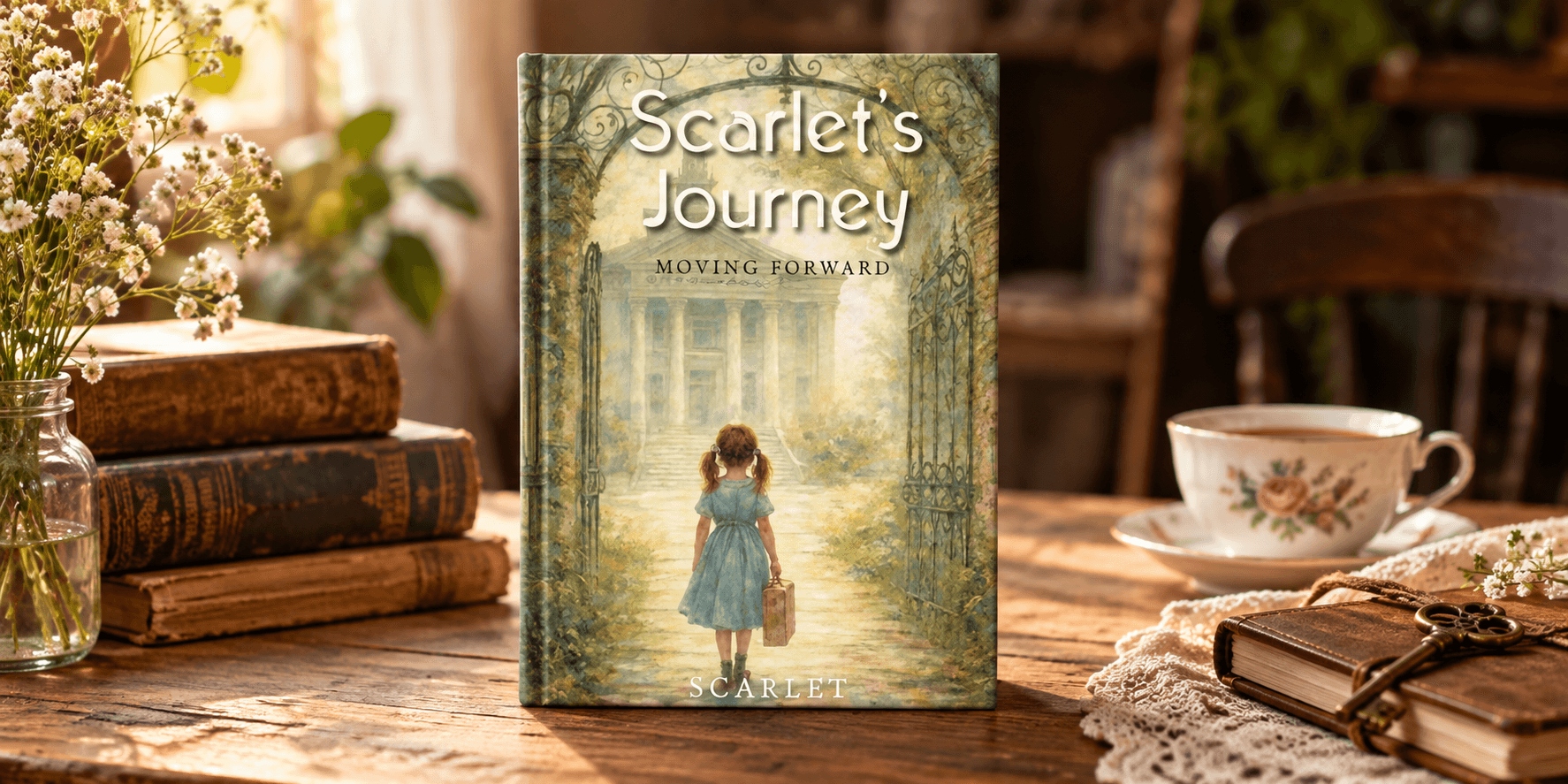 A book titled "Scarlet's Journey" surrounded by vintage decor and a tea set.