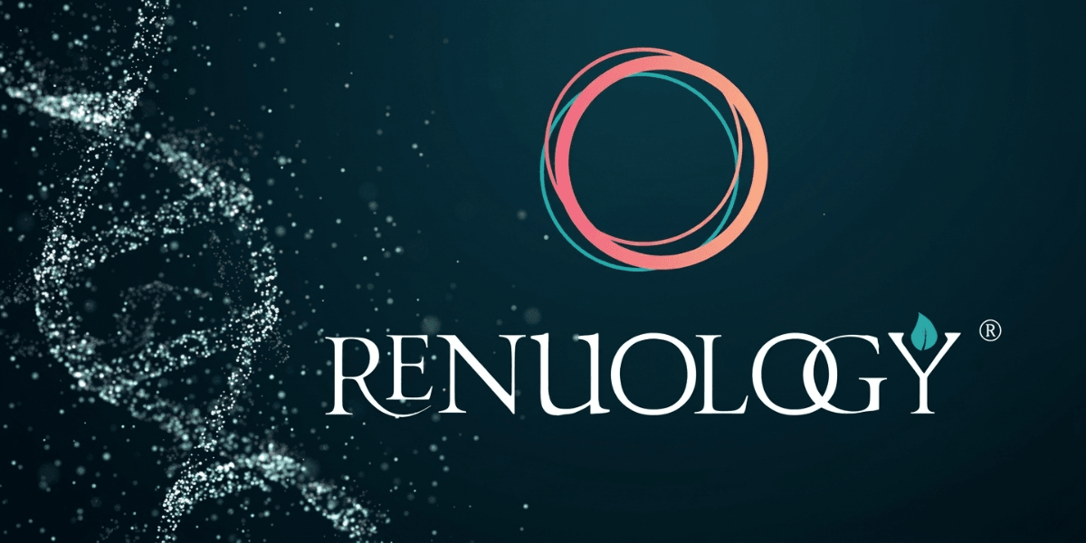 Logo of Renuology with a colorful circular design and a DNA strand background