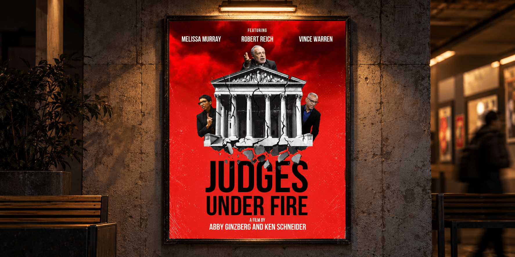 Movie poster for "Judges Under Fire" featuring a dramatic red background and cast names