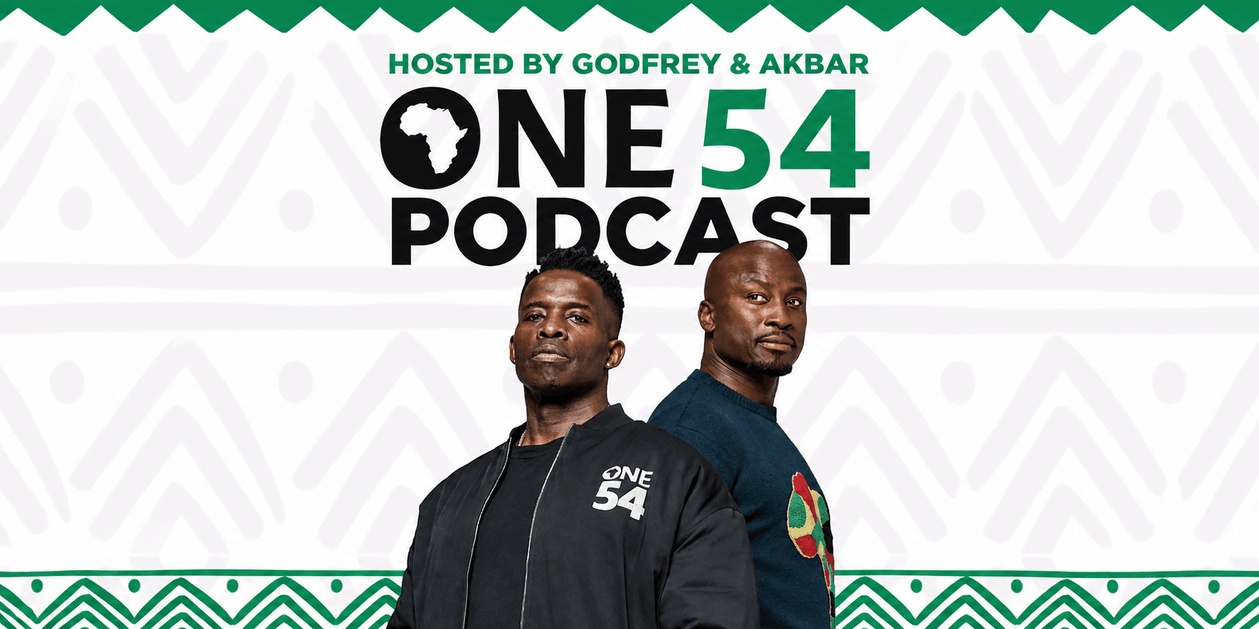 Two hosts standing side by side promoting the One54 Podcast with African patterns in the background