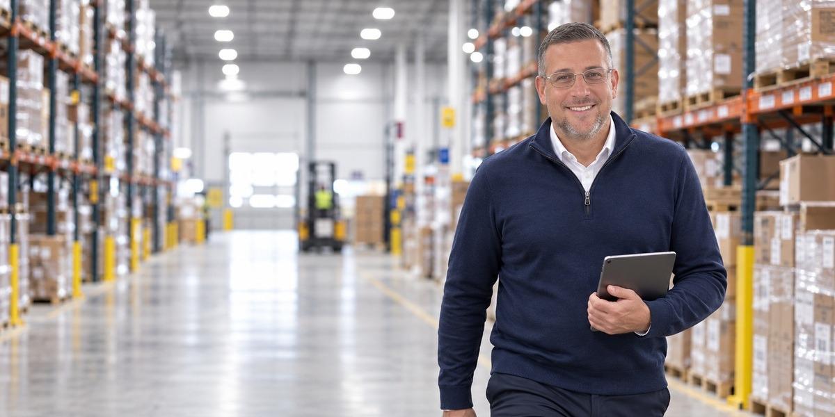 Man in a warehouse holding a tablet, smiling amidst stacked shelves of goods
