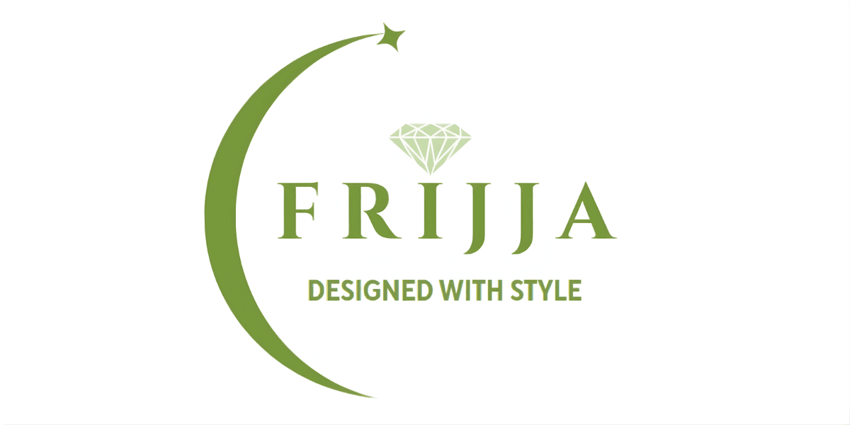 Frijja LLC logo featuring a diamond and crescent moon design, symbolizing fine jewelry, creativity, and personalized craftsmanship.