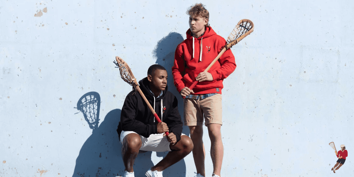 Two boys in LUSA 1904 hoodies holding lacrosse sticks pose against a wall, showcasing back-to-school style.