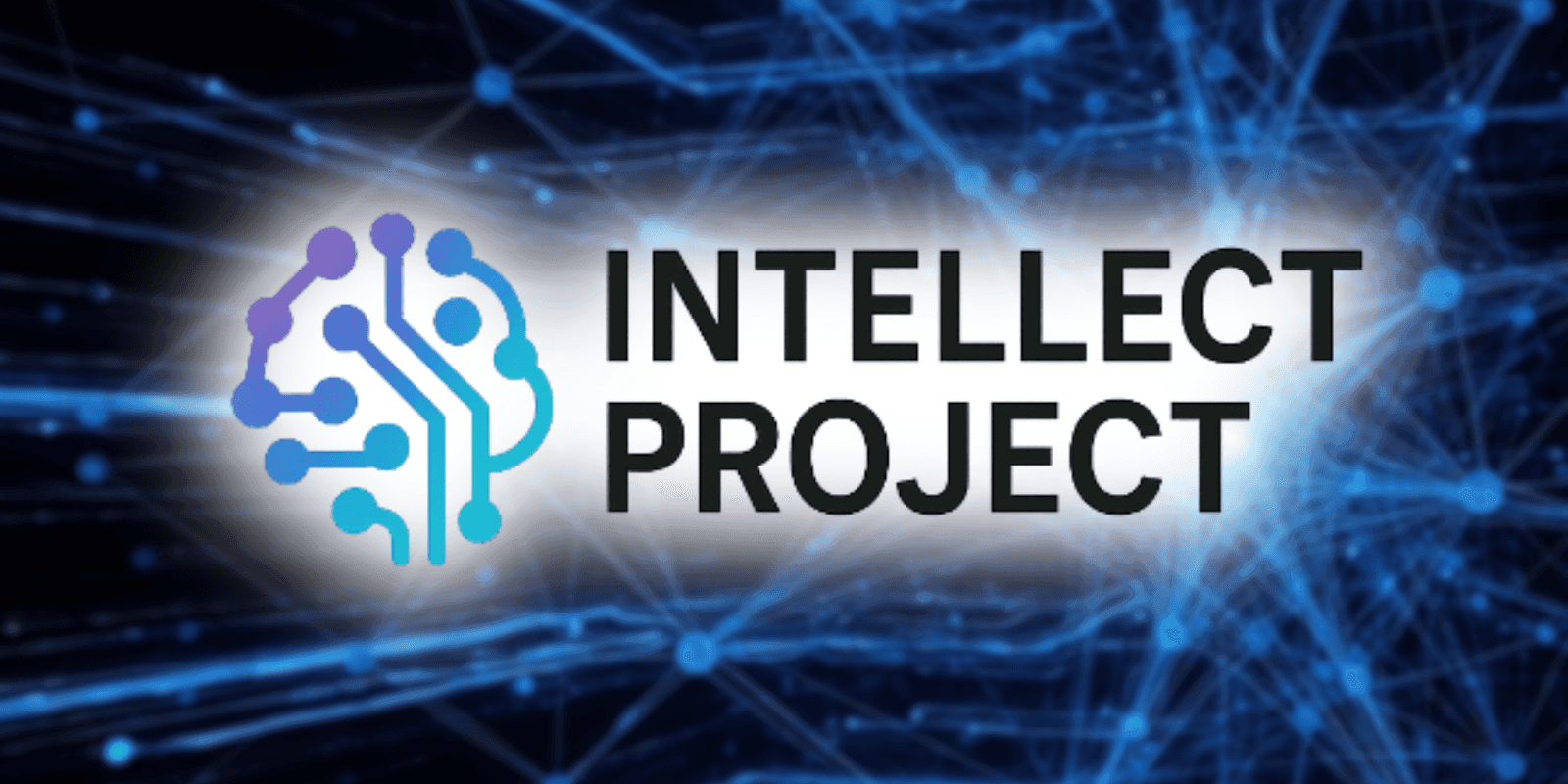 "Logo for Intellect Project, featuring a digital brain design in gradient purple and blue, symbolizing artificial intelligence, with a futuristic network background and bold black text."
