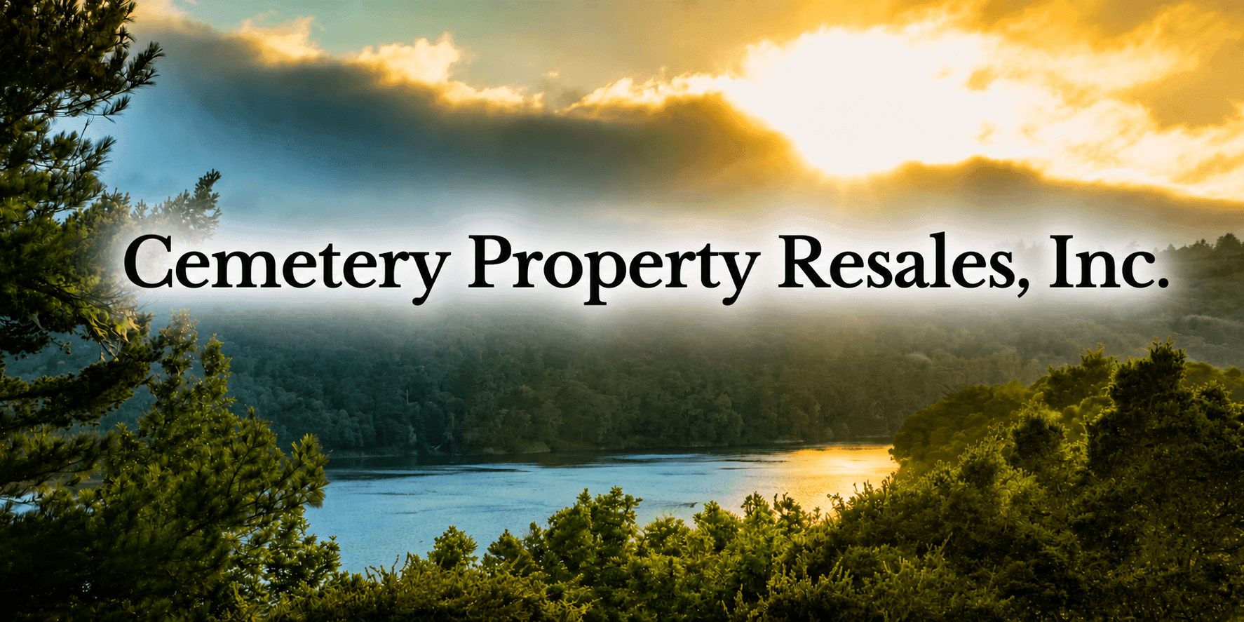 Cemetery Property Resales, Inc. logo over a scenic lake and forest landscape at sunrise.