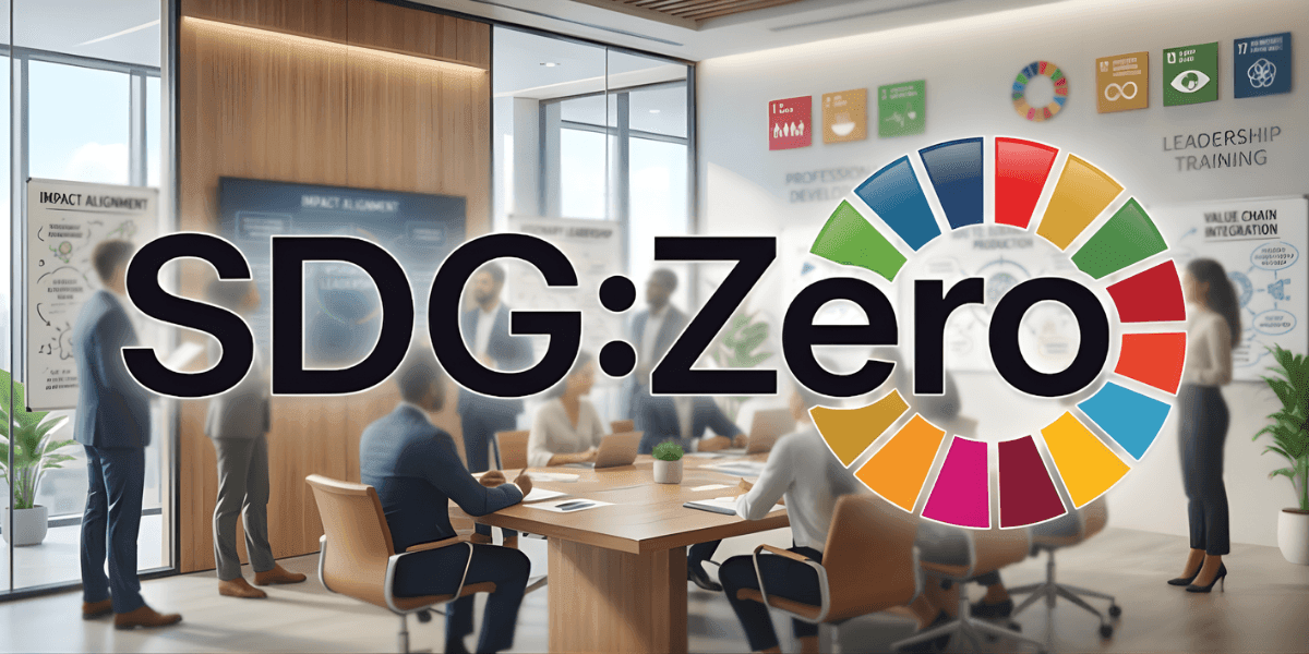 SDG:Zero logo over business meeting promoting sustainable development goals and leadership training initiatives.