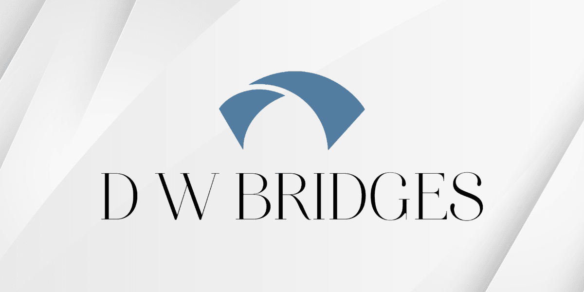 Logo of D W Bridges featuring a blue arch and elegant typography
