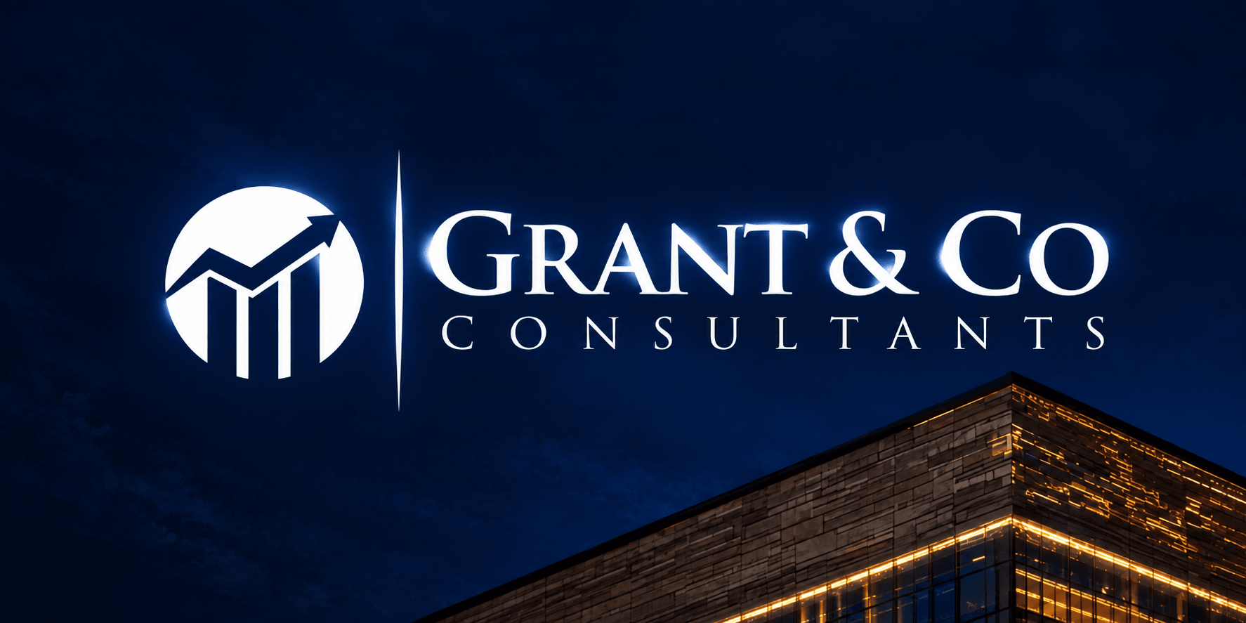 Logo of Grant & Co Consultants on a dark background with a modern building edge