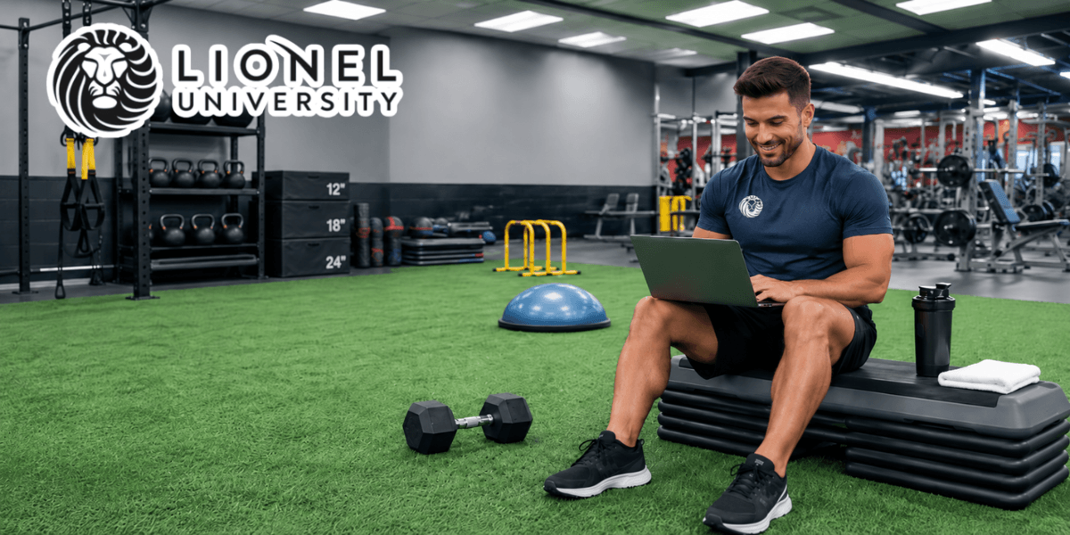 Man using a laptop on a gym bench in a fitness center