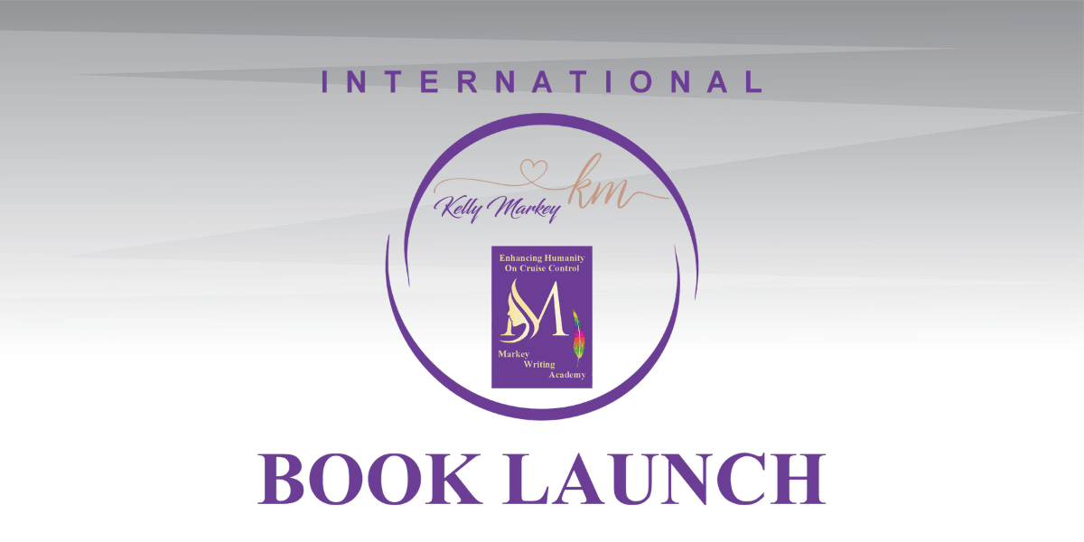 Banner for an international book launch featuring a feather and pen logo.