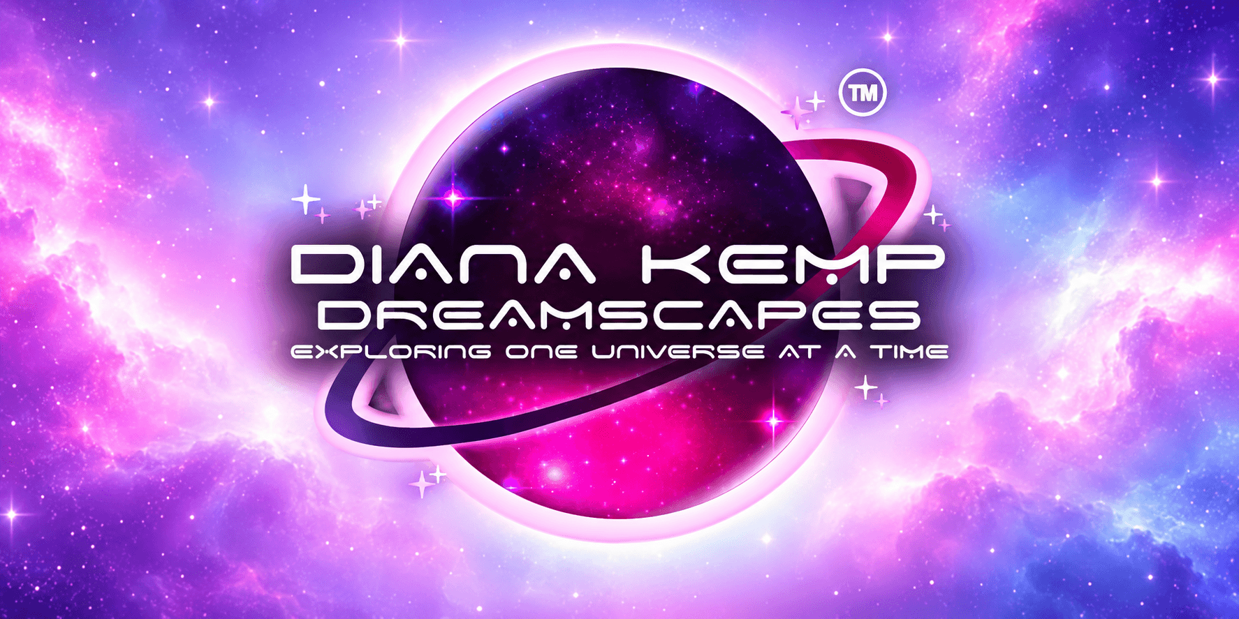 Colorful cosmic background featuring the text "Diana Kemp Dreamscapes" with a planet design