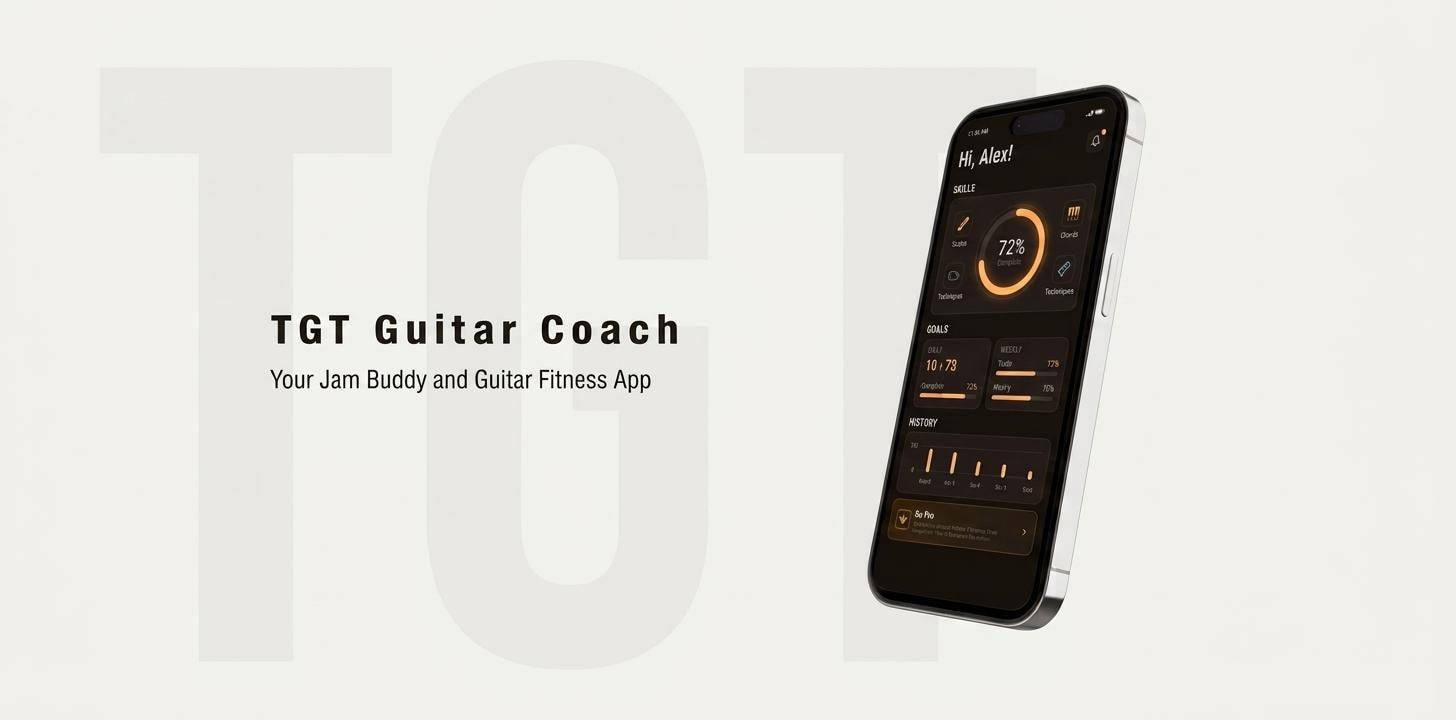 Mockup of TGT Guitar Coach app interface on a smartphone for guitar fitness.
