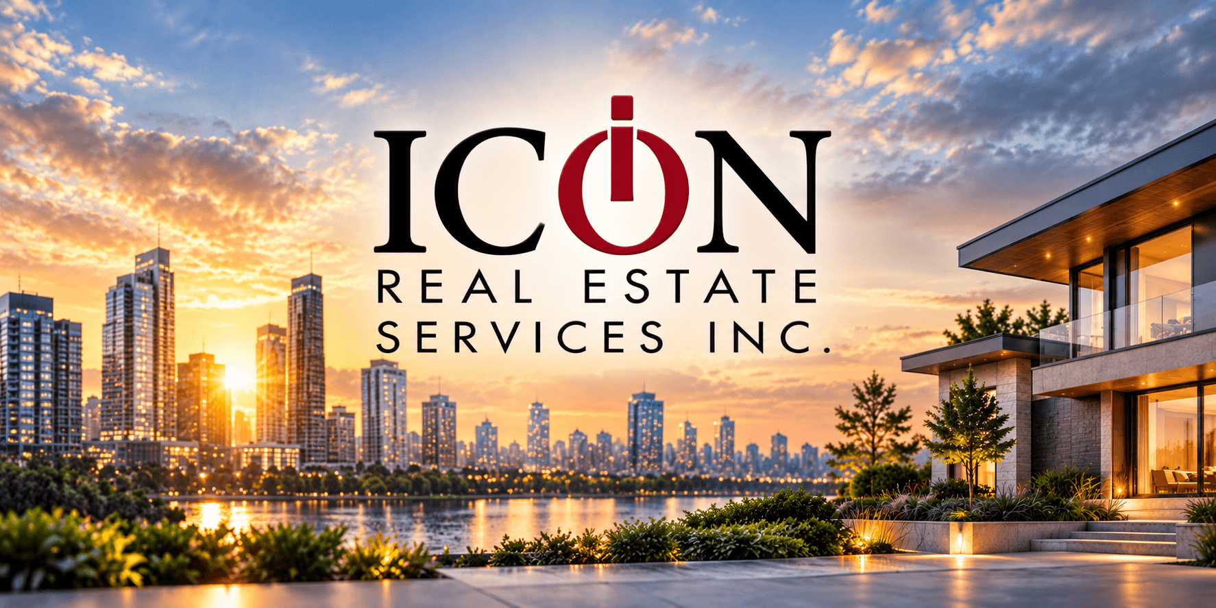 City skyline at sunset with modern architecture and logo for Icon Real Estate Services Inc