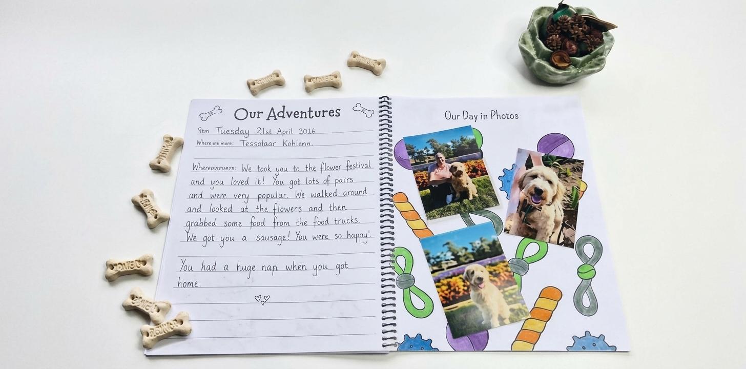 A scrapbook page with handwritten text and photos of a dog and flowers