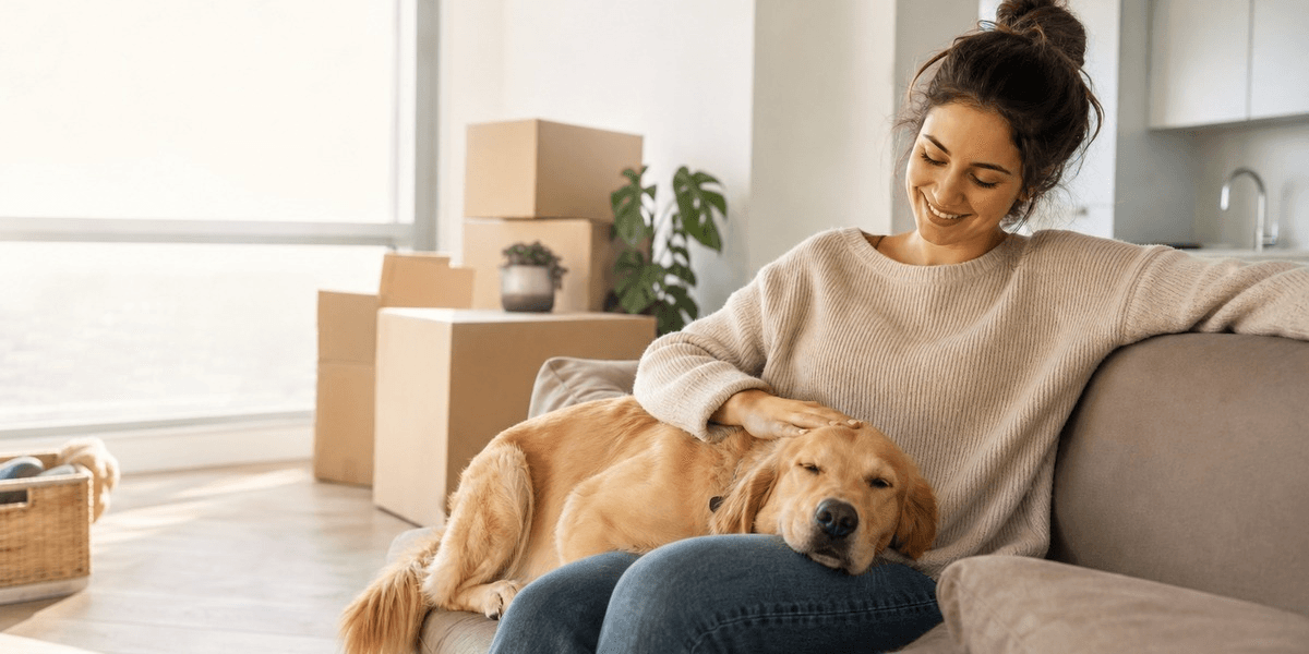 Woman sitting on a couch, petting a golden retriever in a bright room with boxes.