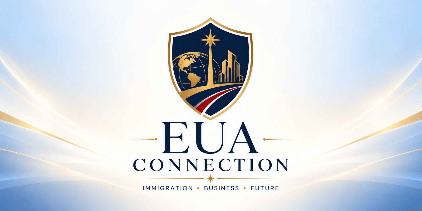 Logo for EUA Connection featuring a shield design and themes of immigration and business