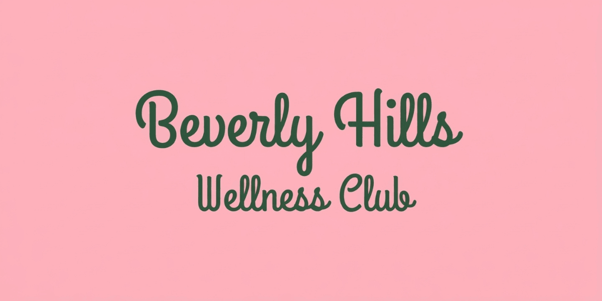 Logo of Beverly Hills Wellness Club on a pink background with green text