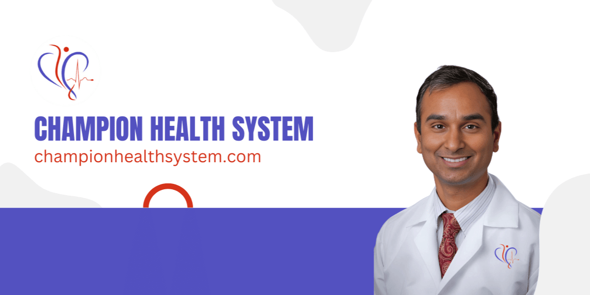 Logo of Champion Health System with a smiling doctor in a white coat
