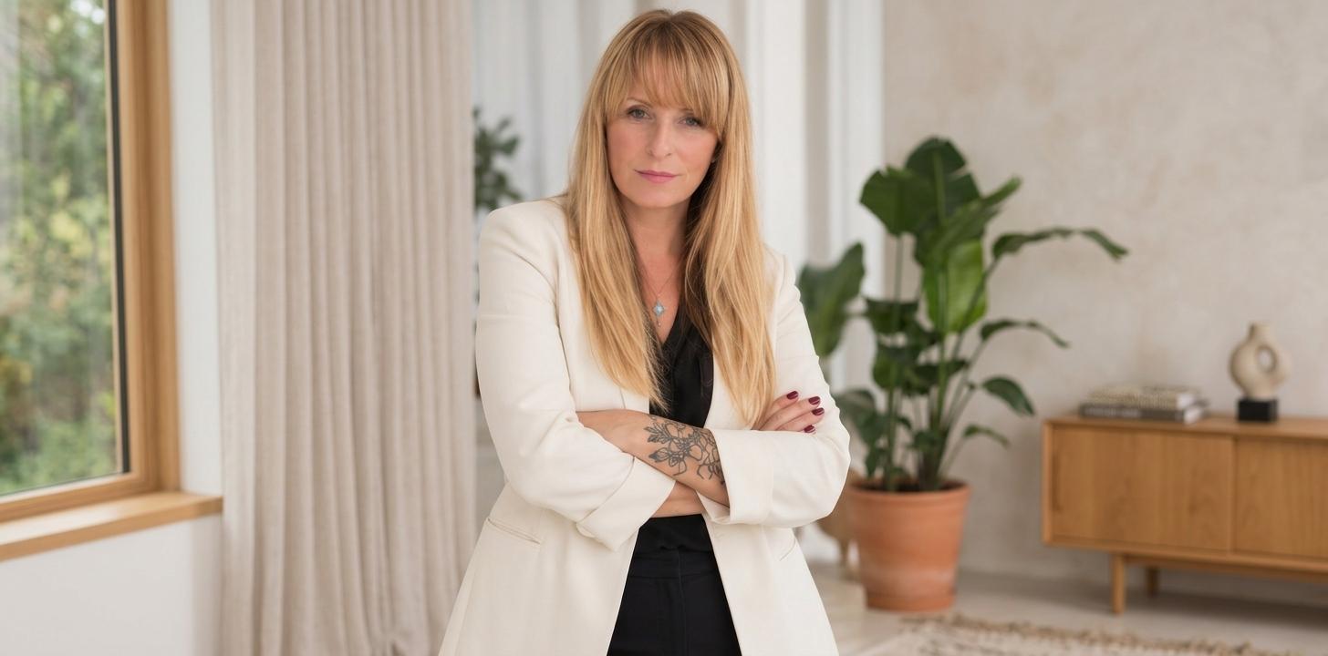 Woman with long hair wearing a blazer stands confidently in a modern interior setting