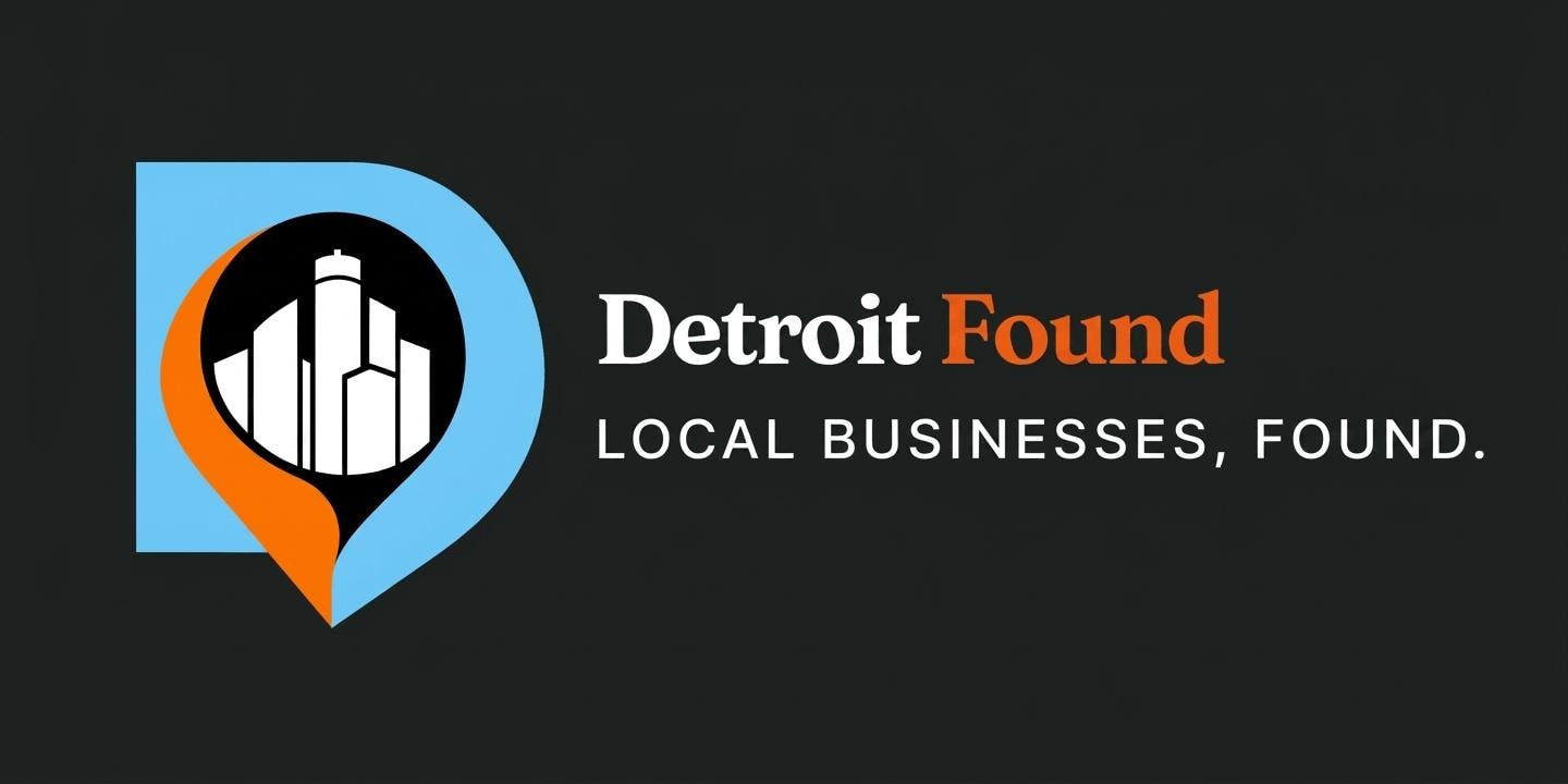 Logo for Detroit Found featuring a skyscraper and a location pin design