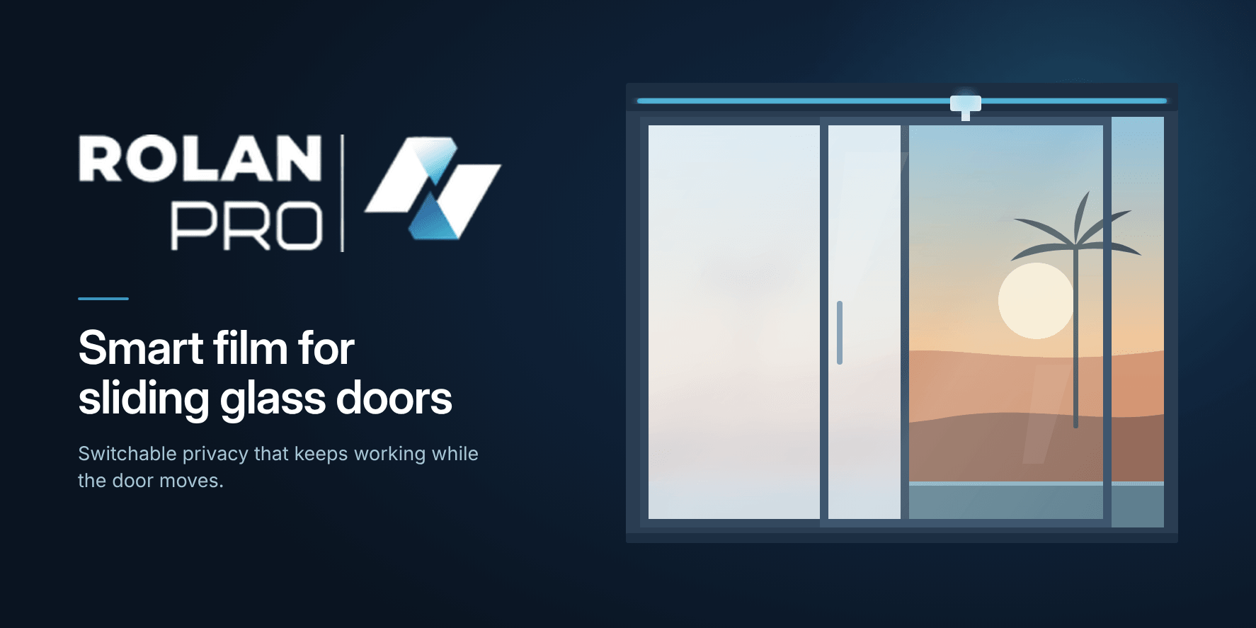 Illustration of sliding glass doors showcasing smart film for privacy control while in use