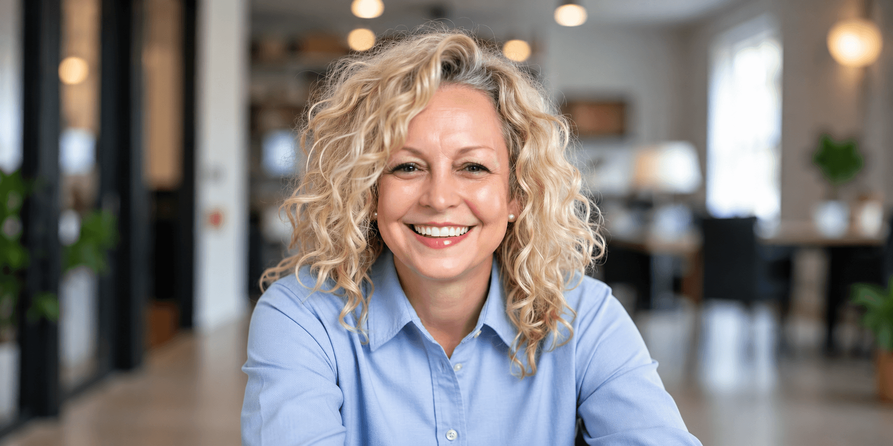 Smiling woman with curly blonde hair in a modern office setting