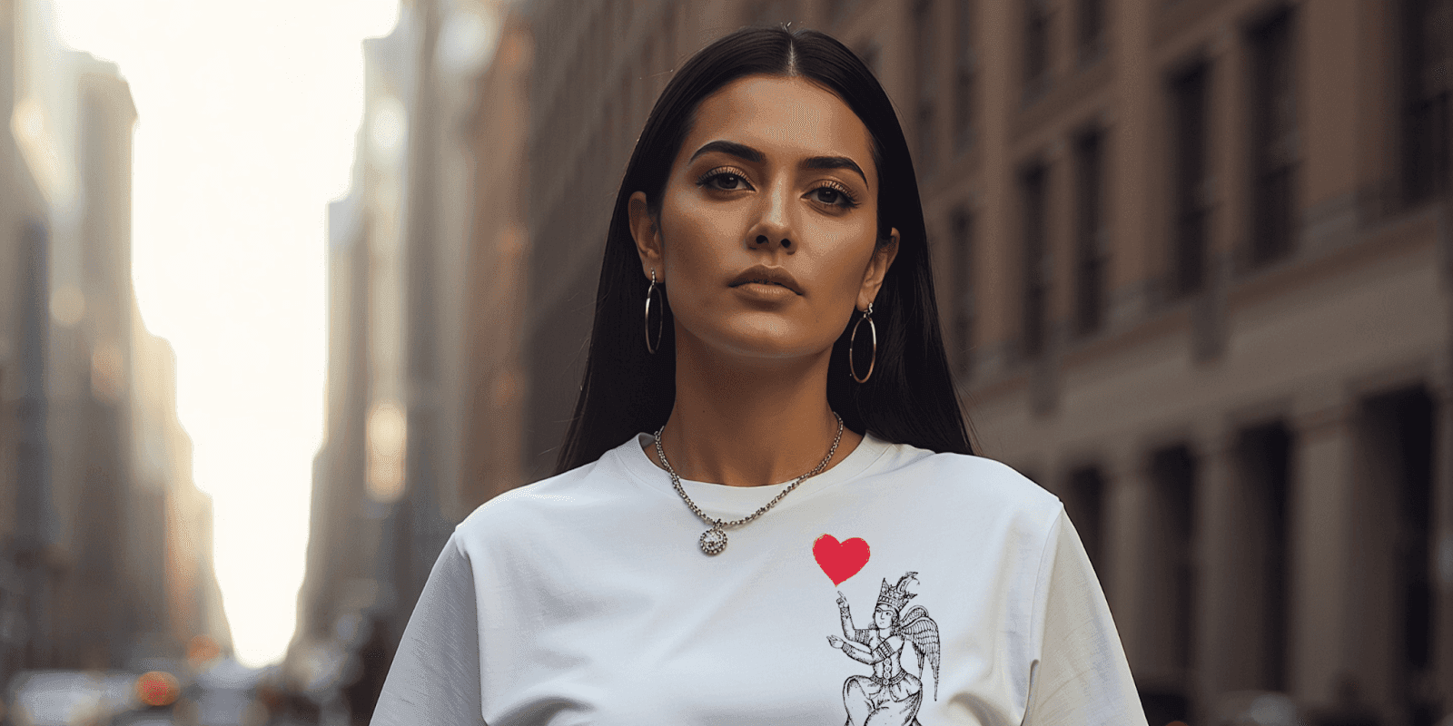 Woman wearing a graphic tee with Persian art and heart design, standing confidently on a city street.