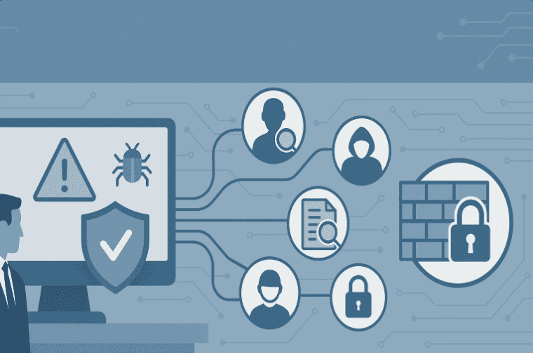 Illustration depicting cybersecurity, with a computer displaying a security warning and various icons representing users, documents, and a firewall with a lock, symbolizing protection against cyber threats.