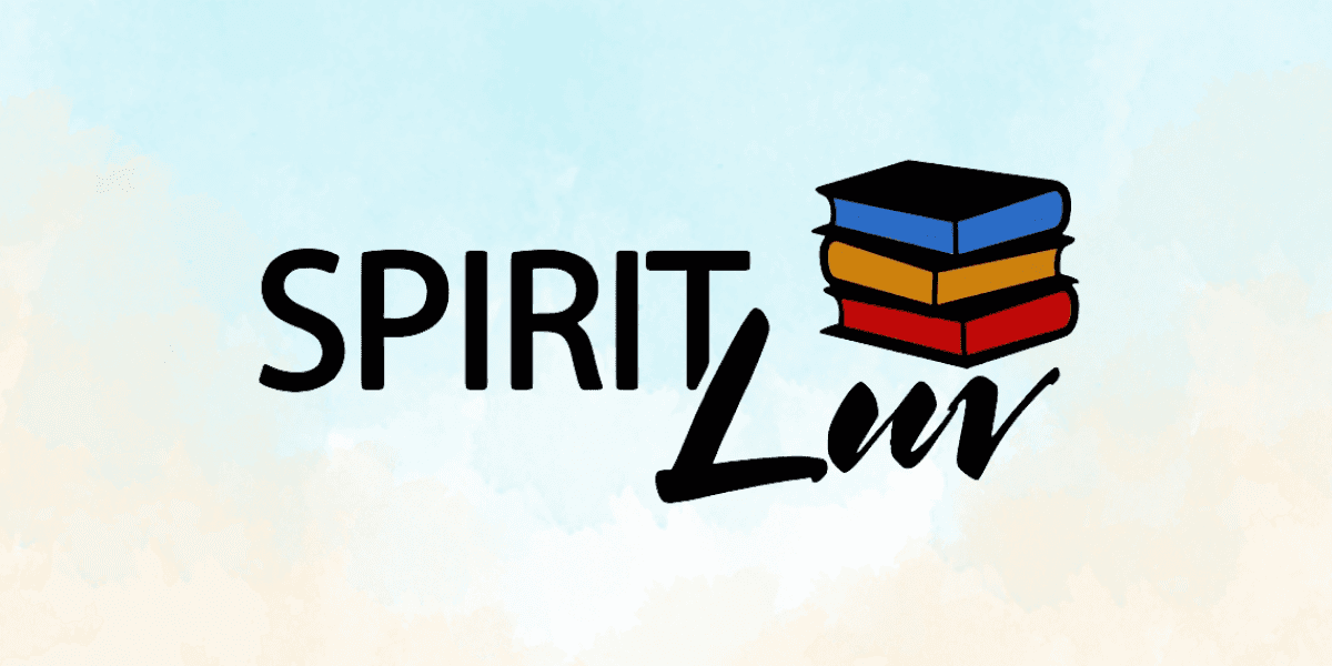 Logo of Spirit Lov, featuring stacked books in blue, yellow, and red colors next to the text "SPIRIT" in bold black font and "Lov" in a cursive black script, set against a soft pastel blue background.