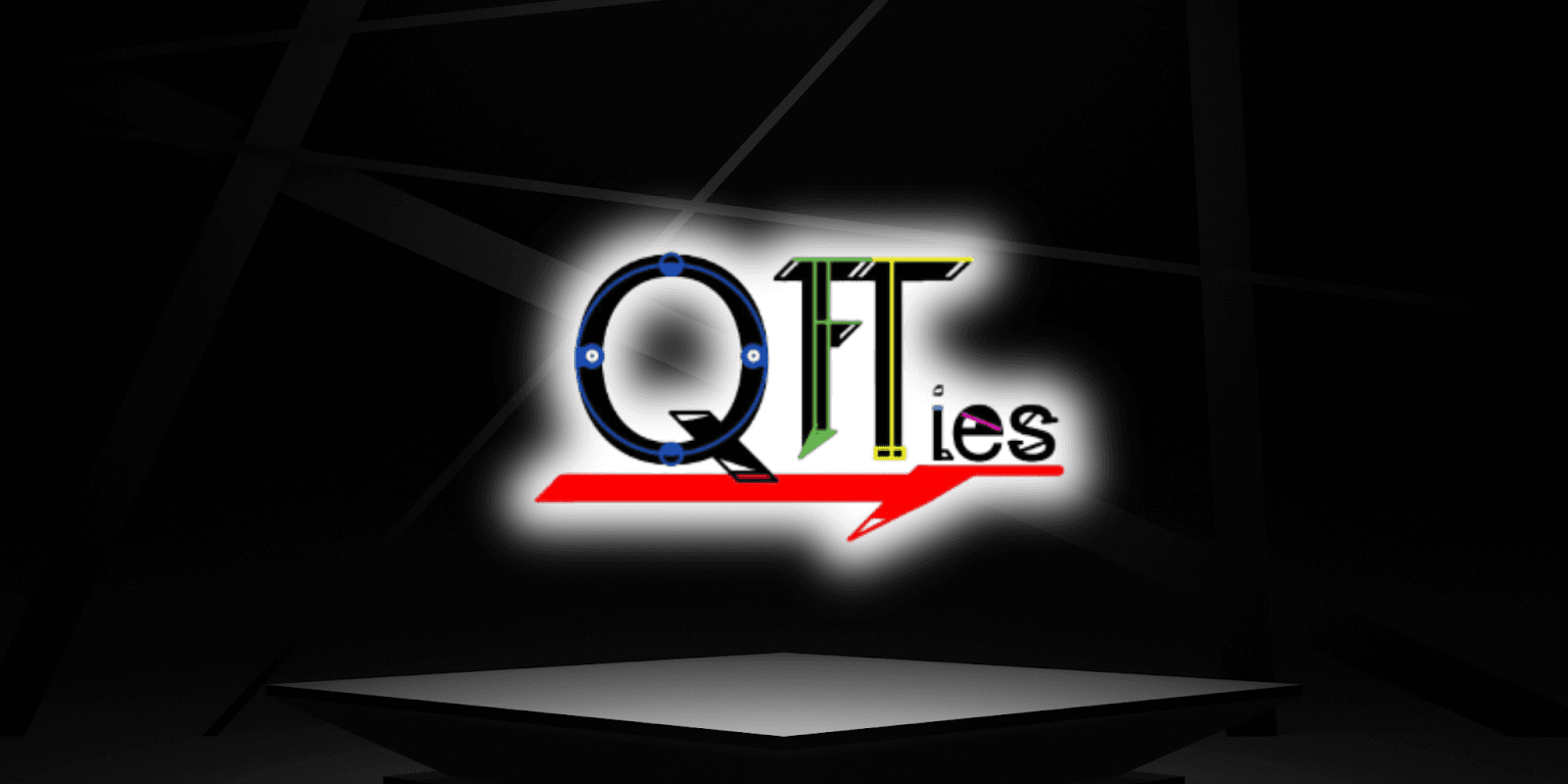 a logo with the text "QFTies," featuring colorful, stylized letters on a dark background with geometric lines. The logo is highlighted with a glowing effect.