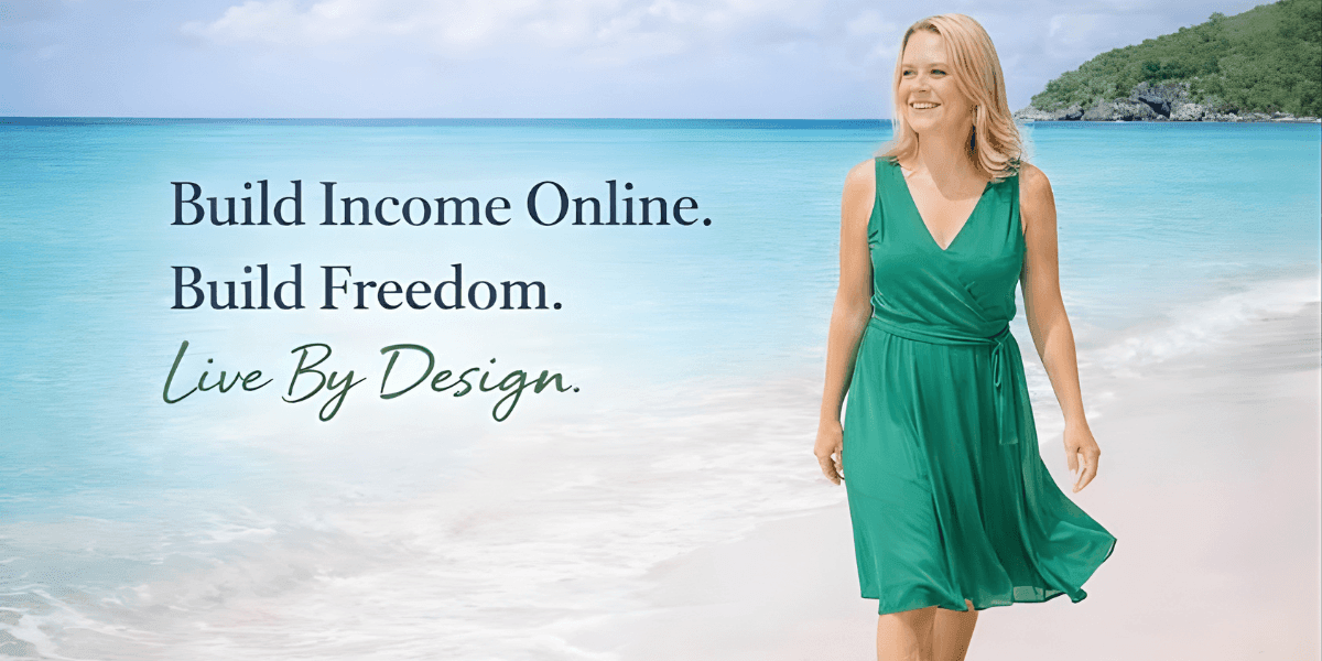 A woman in a green dress walks on the beach, embodying freedom and purpose with the text "Build Income Online, Build Freedom."