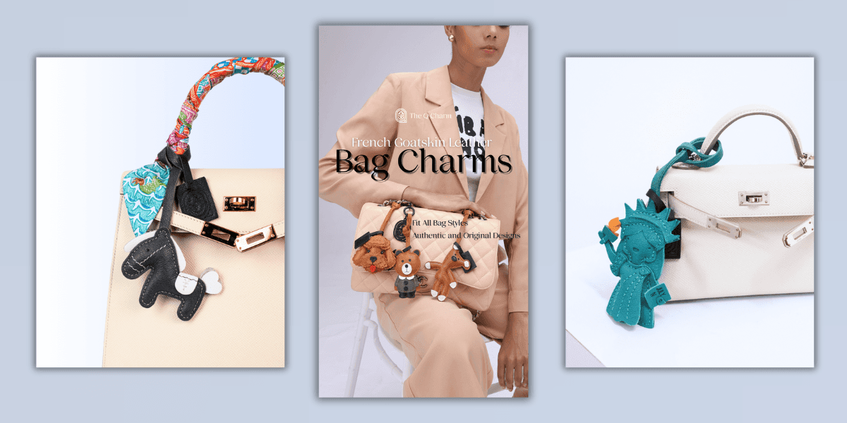 Stylish bag charms made from French goatskin leather, featuring unique designs including a colorful animal and the Statue of Liberty, showcased on a beige handbag in a chic advertisement for The Q Charm brand.